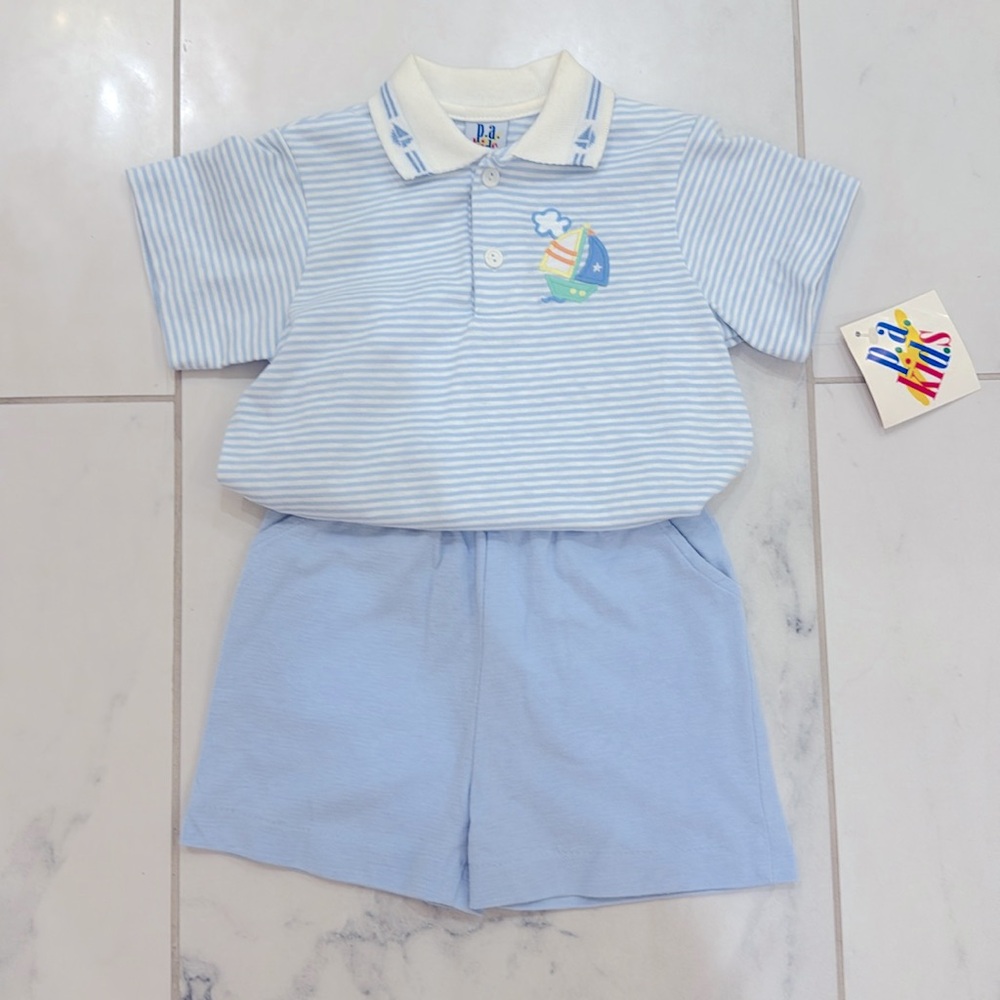 P.A. Kids Blue/White Striped Knit Polo w/ Sailboat Appliqué & Shorts Set 3T NWT